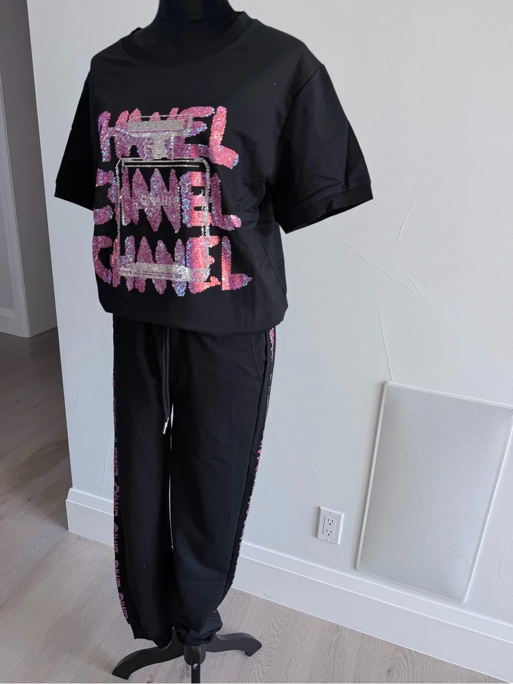 CHANEL Black Tee and Joggers with Pink Logo Detailing size S/M